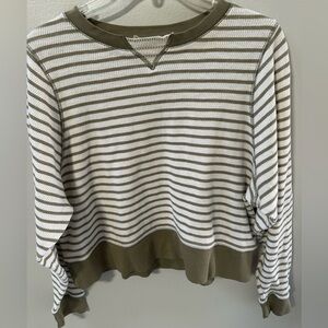Madewell Olive & Ivory Striped Cropped Sweatshirt Size M 100% Cotton